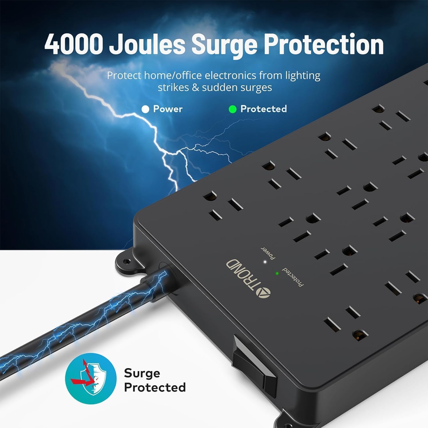 TROND Surge Protector Power Strip, 22 Widely Spaced Outlets with USB Ports, Wall Mount, 4000 Joules, ETL Listed, 10 ft Flat Plug Heavy Duty Extension Cord for Home, Office, Dorm Essential, Black