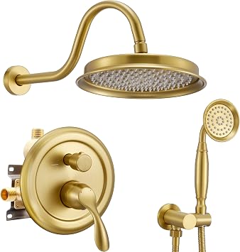 DASAN Brushed Gold Rain Shower System Complete Antique Shower Faucet Sets, Brushed Gold Shower Fixtures Combo with Pressure Balance Valve, Trim Kit, 9 Rainfall Overhead Shower & Handheld, AT209W-BTG