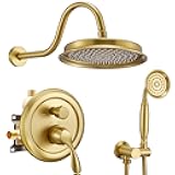 DASAN Brushed Gold Rain Shower System Complete Antique Shower Faucet Sets, Brushed Gold Shower Fixtures Combo with Pressure Balance Valve, Trim Kit, 9'' Rainfall Overhead Shower & Handheld, AT209W-BTG