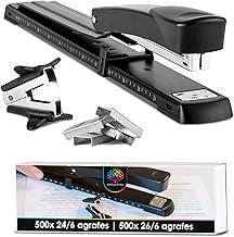 OfficeTree - Long arm stapler with 1 staple remover and 1000 staples - Ideal for brochures - Black with paper guide