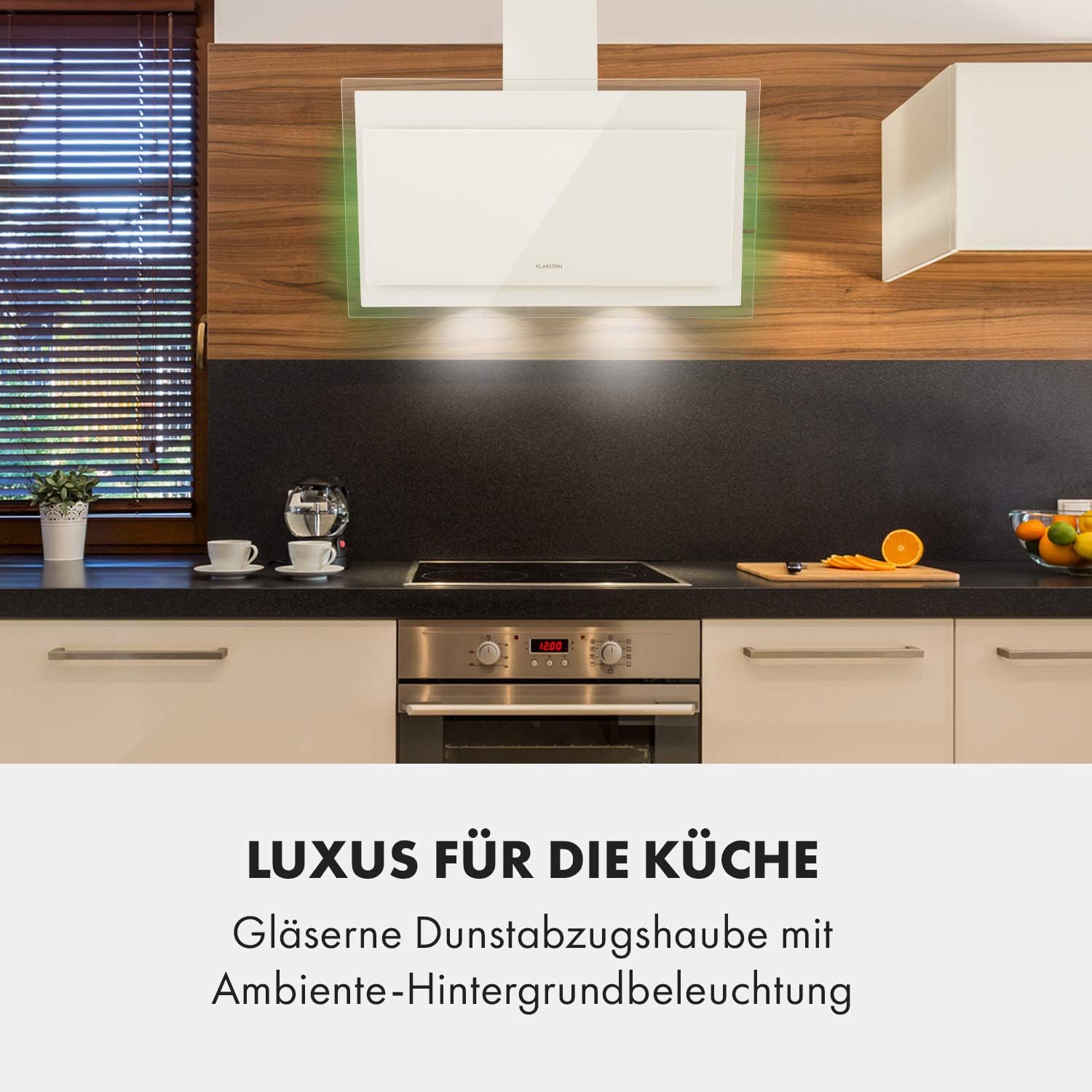 Klarstein extractor hood installed in a modern kitchen with ambient backlighting.