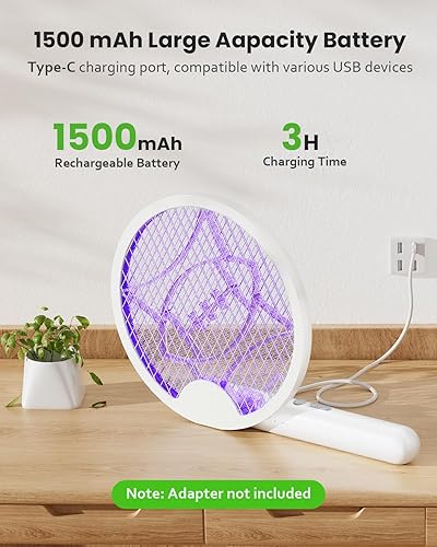 Miniatura 5 de Raqueta matamoscas eléctrico, plegable 2 en 1 con lámpara de trampa morada, 4000 V y 1500 mAh potente matamosquitos con recargable tipo C para