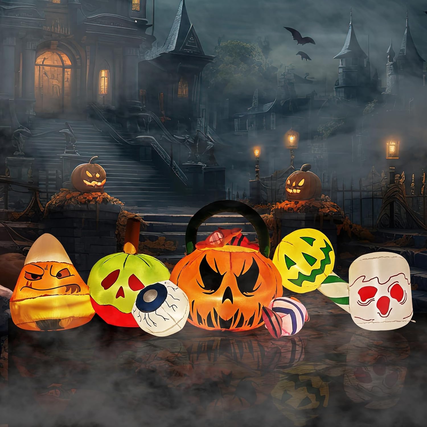Outvita Halloween Inflatable Pumpkin Candy Combo 8FT, Blow Up Outdoor Decoration with LEDs, Halloween Decor for Yard, Party, Garden