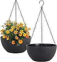 Meowell 12 Inch Large Hanging Planters, 2 Pack Black Plastic Flower Pots with Drainage Holes & Chains for Indoor Outdoor Plants