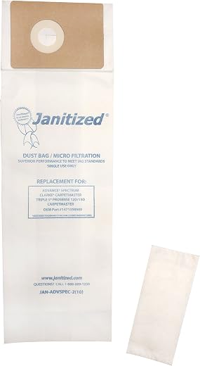 Janitized JAN-ADVSPEC-2(10) Premium Replacement Commercial Vacuum Paper Bag for Advance Spectrum, Clarke CarpetMaster, SSS...