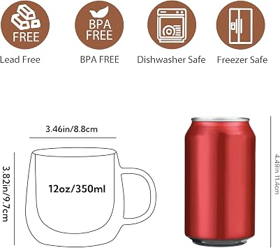 CNGLASS Insulated Double Wall Glass Coffee Mugs 350ml, Thermal Borosilicate Cups with Handle Set of 2