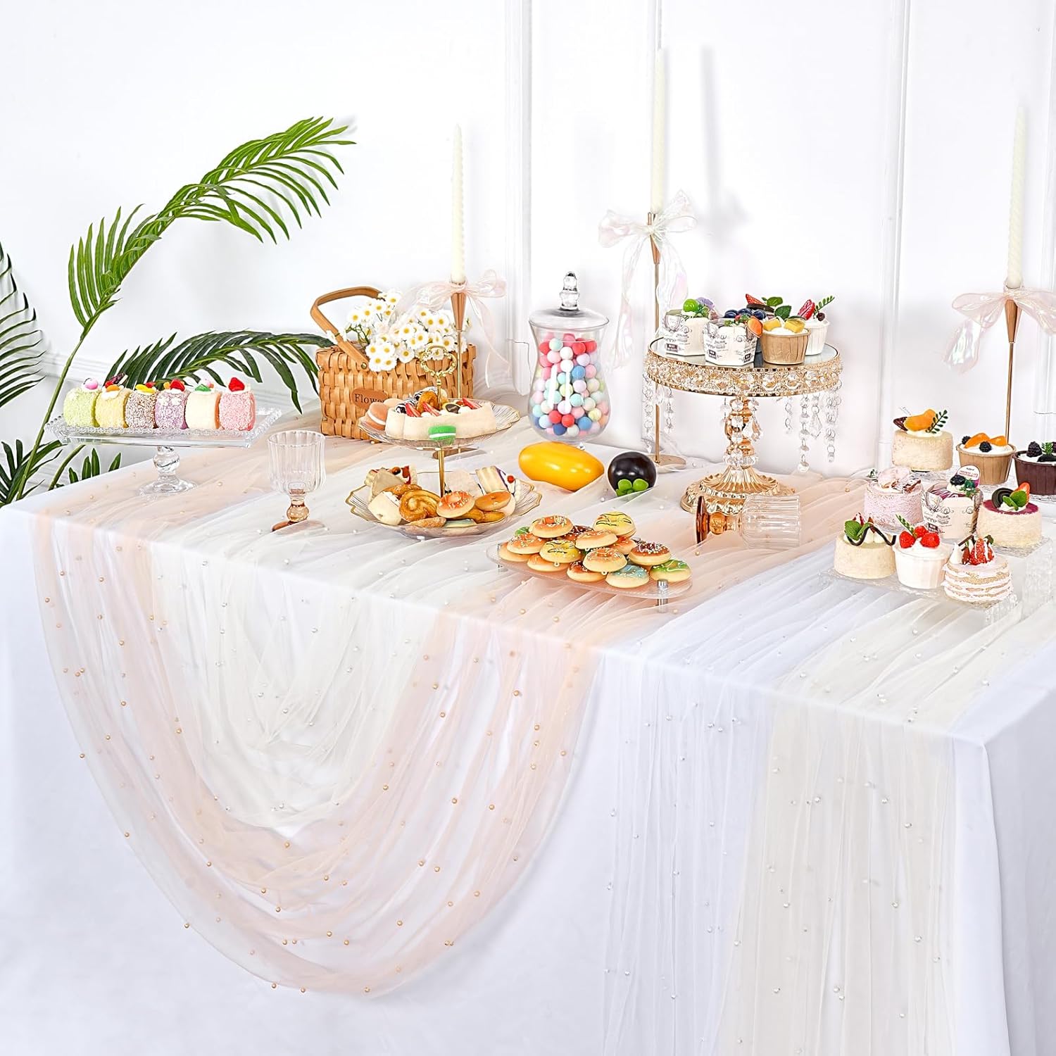 LuoluoHouse Pearl Tulle Table Runner Fabric: Beige 10ft Wedding Veil Seasonal Dessert Chiffon Pearl Lace Boho Overlay Wedding Aisle Runner Party Decorations Doilies 3pcs