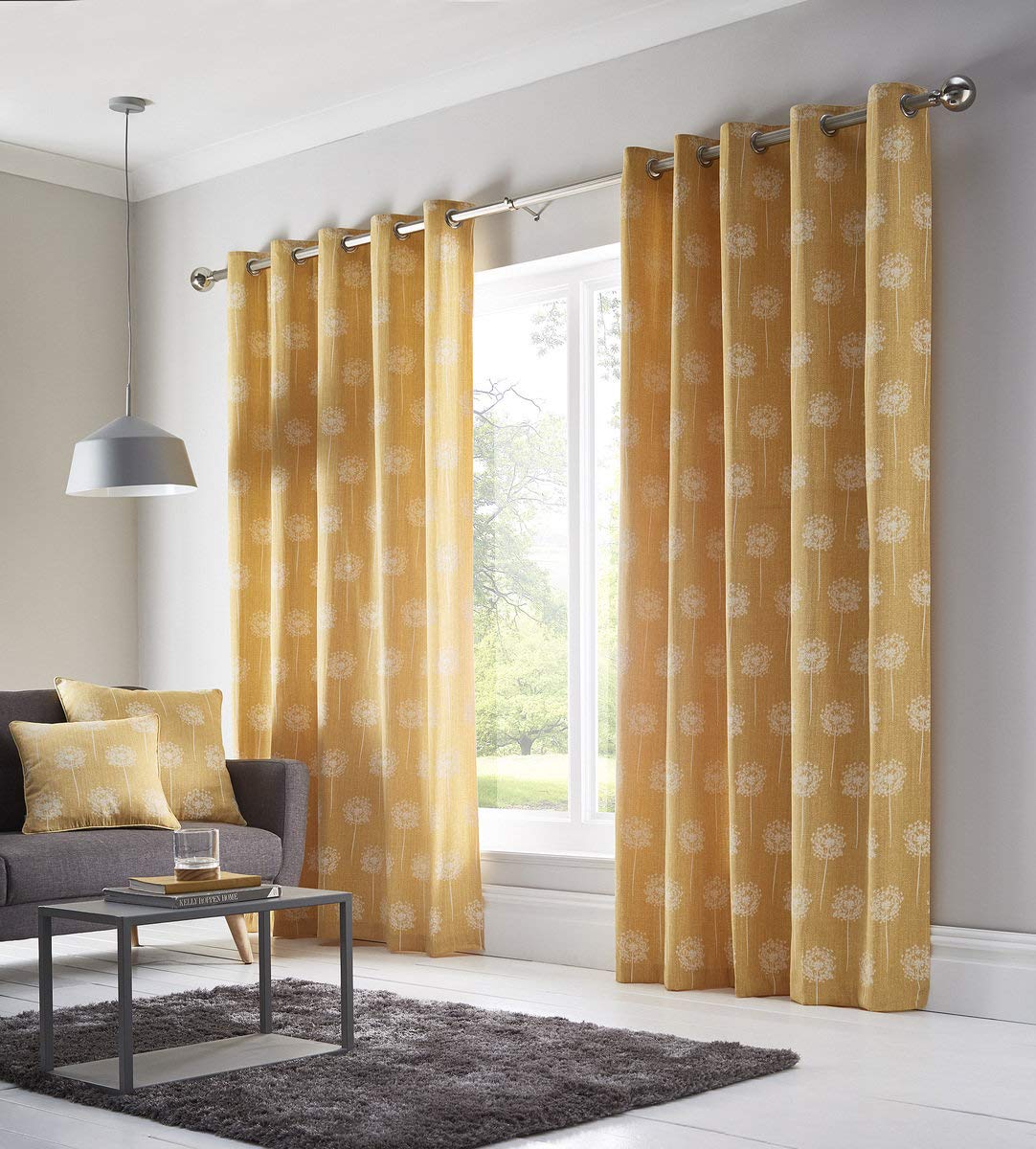 Bedmaker Floral Fully Lined Eyelet Ring Top Curtains, Ochre, 46w x 54d Inches, W 46" x L 54" (1 Panels)