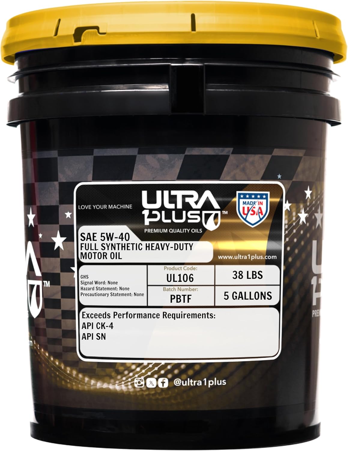 ULTRA 1PLUS SAE 5W-40 Full Synthetic Heavy-Duty Diesel Engine Oil - 5W 40 Motor Oil API CK-4/SN (5 Gallon Pail)