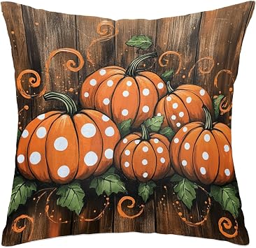 Fall Wood Pumpkin Throw Pillow Covers Polka Dot Pillow Cases Square Cushion Cover for Sofa Couch Bedroom Living Room 18x18 Inch