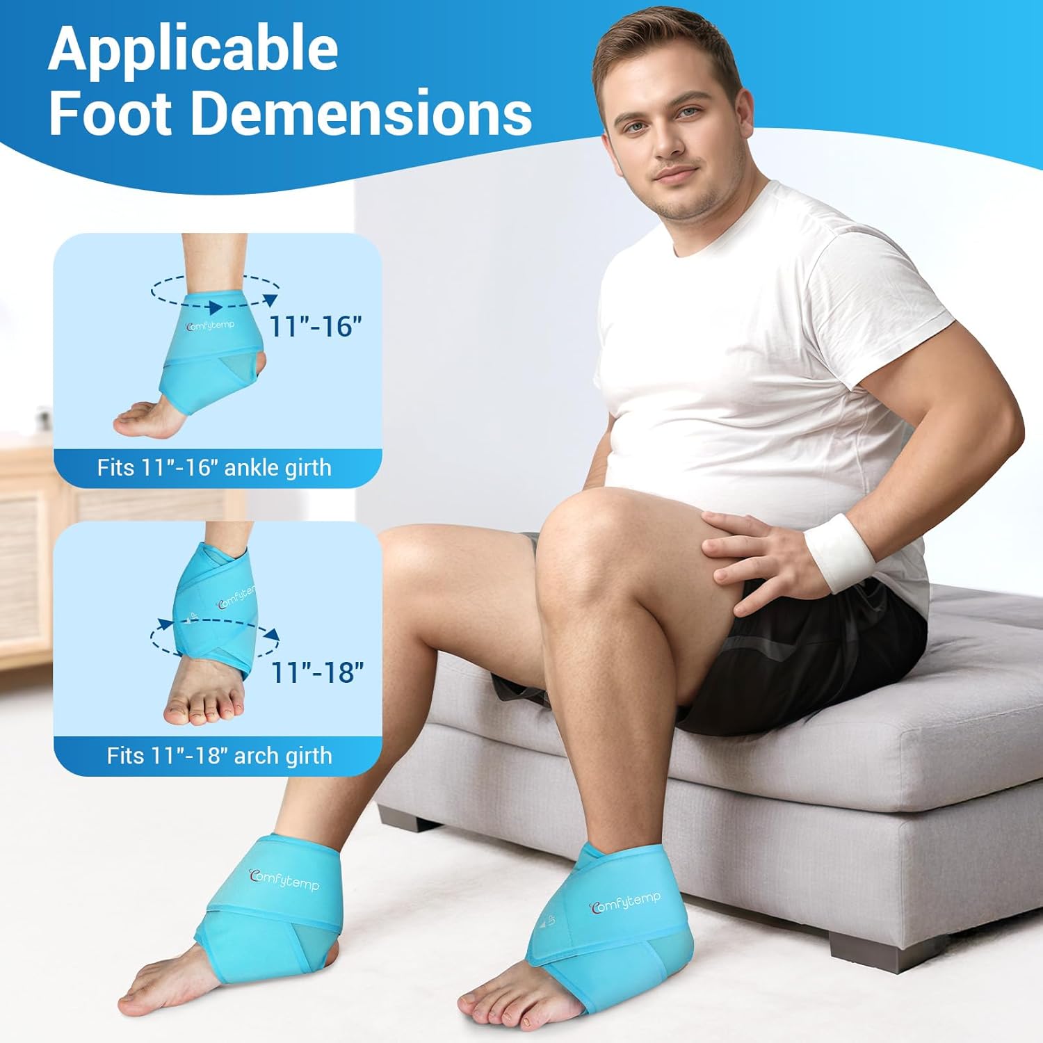 Comfytemp XL Ankle Ice Pack Wrap, Reusable Gel Ice Packs for Injuries, Hot Cold Compres for Plantar Fasciitis Relief, Foot Health, Achilles Tendonitis, Sprained Ankles, First Aid, 2 Packs