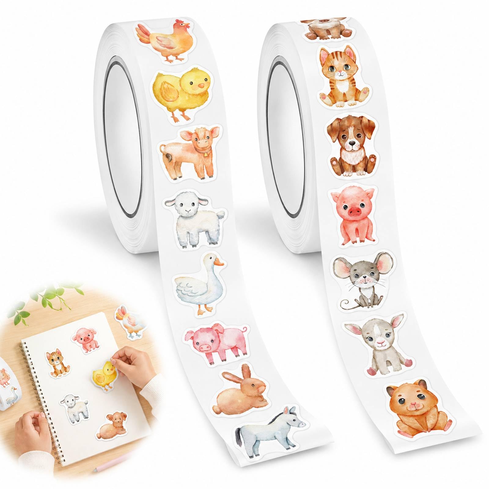 2 Rolls 1000PCS Stickers Roll, 1 Inch Self Adhesive (Cartoon Animals)