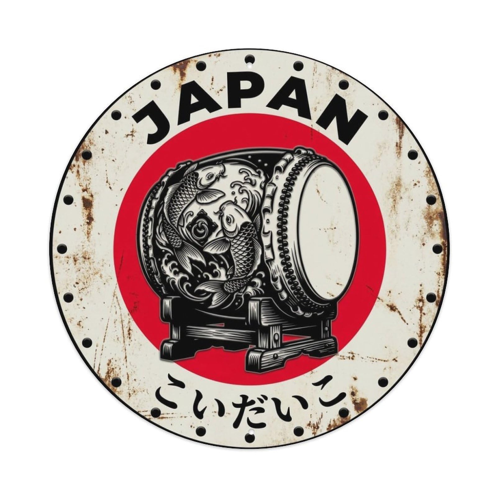 Galvaxio Style Koi Fish Drum Japan Water Symbol Weathered Metal Tin Sign