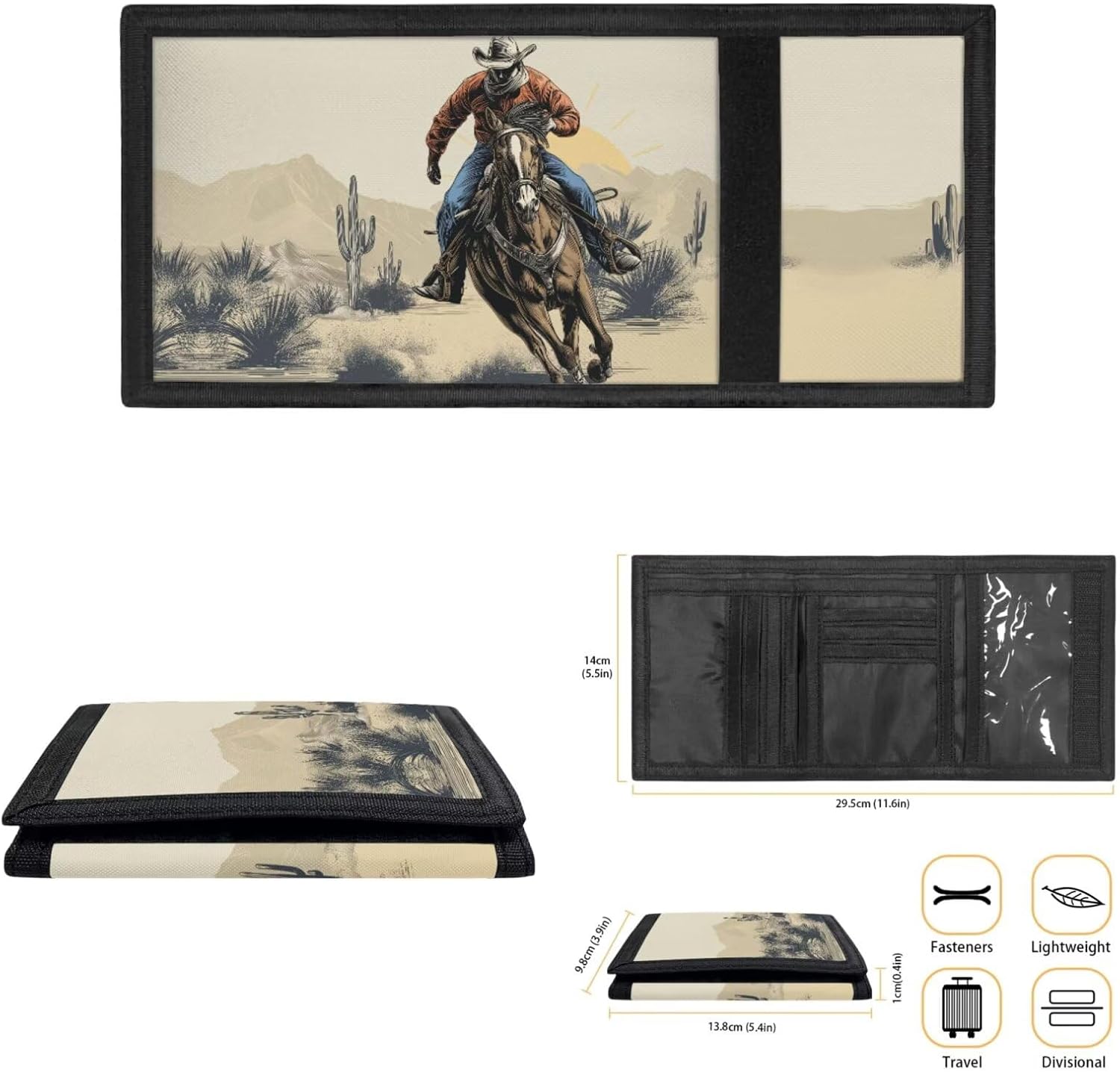 COEQINE Cowboy Black Horse Printed Boys Wallets For Kids 12-14 Western Credit Card Holder Slots Trifold Pocket Wallet for Men Portable Cool Novelty Moenybag with Id Window