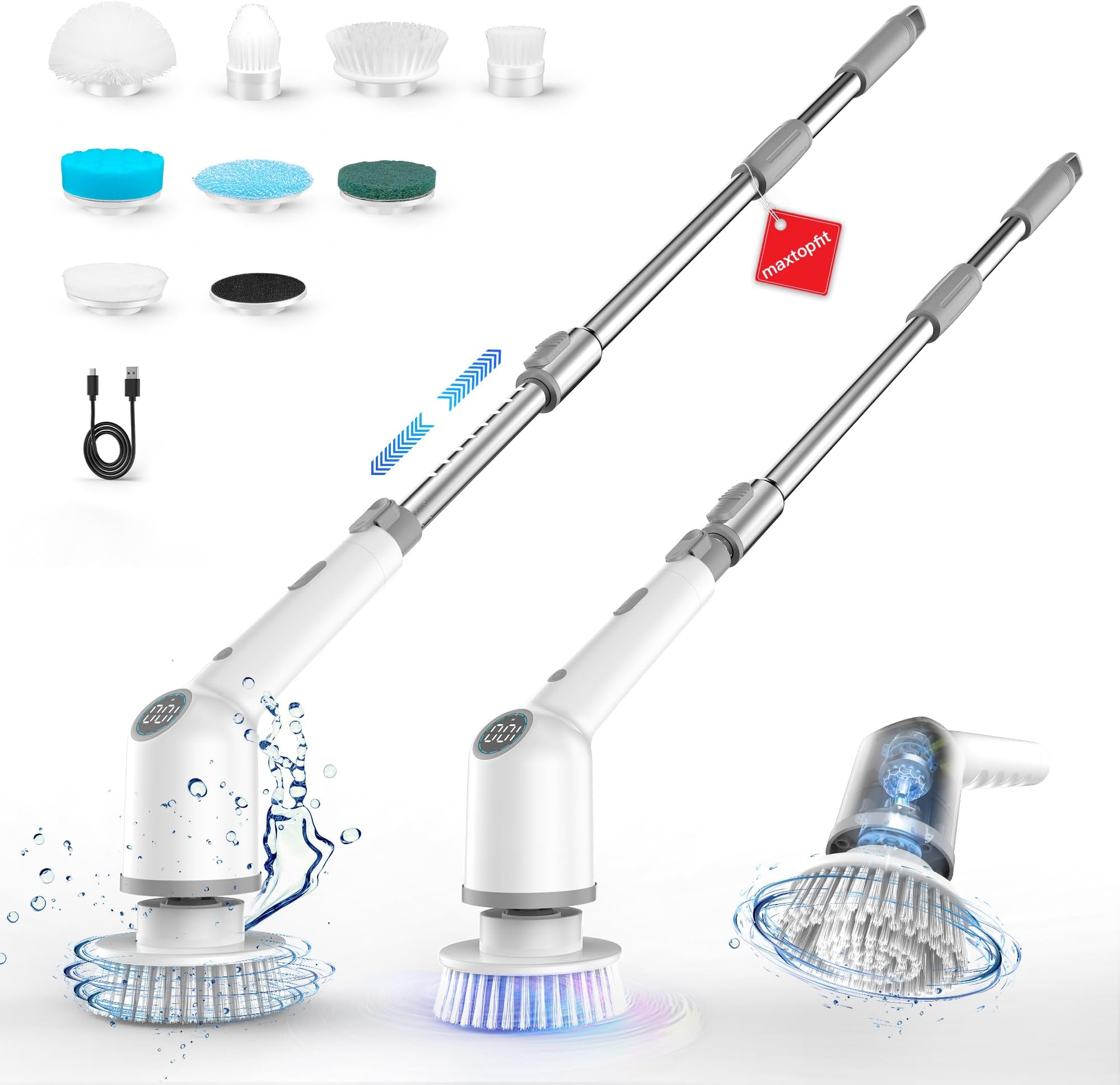 Electric Spin Scrubber, 9 in 1 Cordless Power Shower Scrubber Cleaning Brushes with Long Handle & 8 Replaceable Heads, Shower Cleaner Brush with 3 Adjustable Speeds for Grout Bathroom Glass Tub Floor