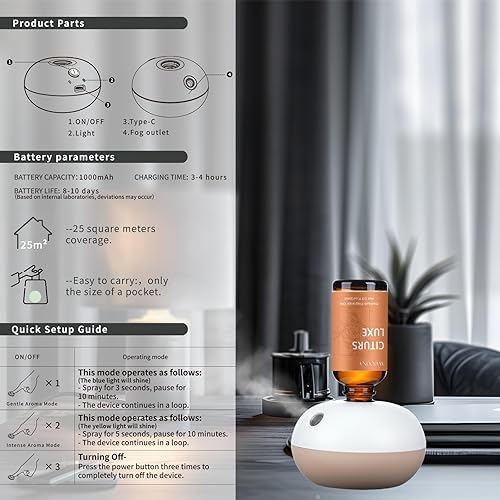 Miniatura 2 de Difusor de aroma recargable sin agua Juego de difusor de colección de hotel con 6 aceites esenciales de hotel Dos modos de intensidad Máquina de