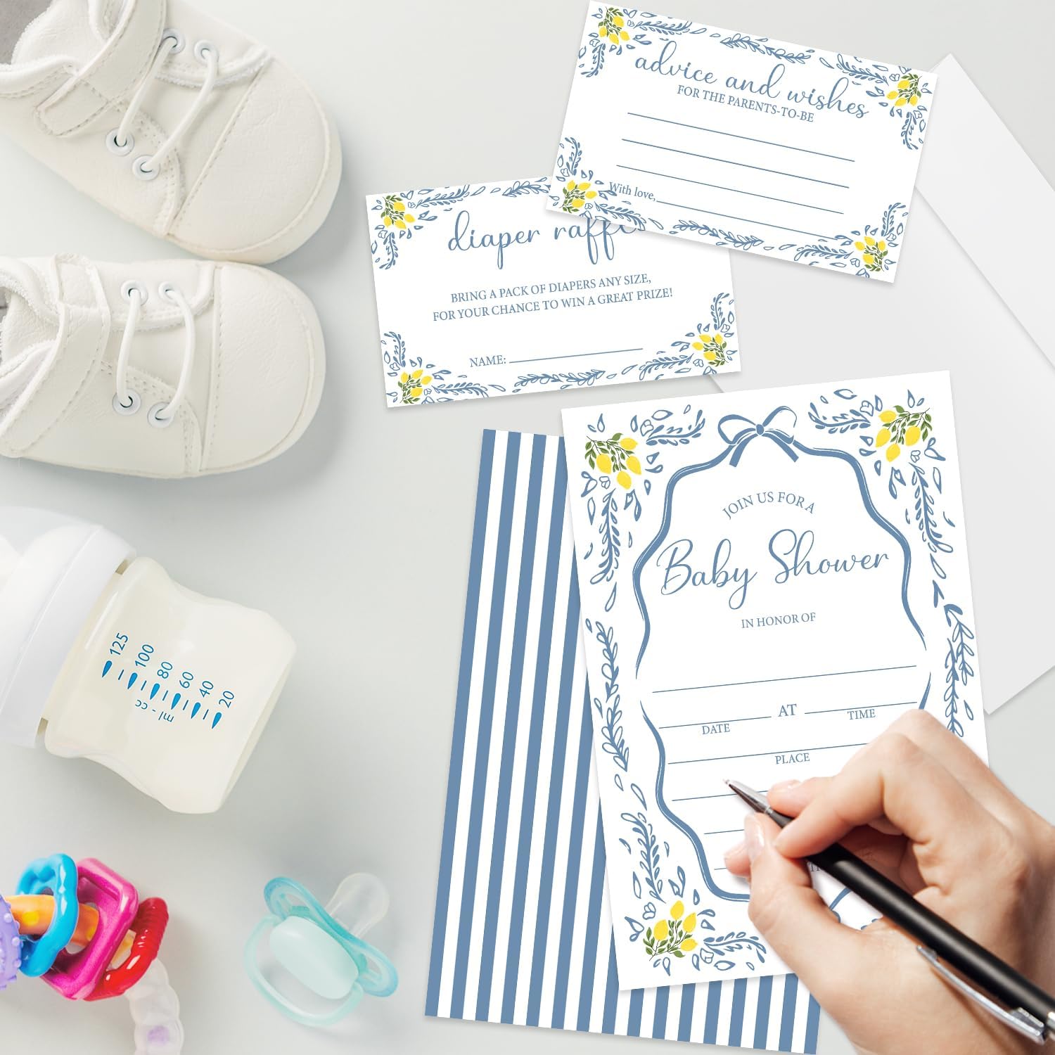 Hand Drawn Lemon Baby Shower Invitations Set - 25 Fill-In Invitations with Envelopes, Diaper Raffle Tickets and Advice and Wishes Cards, Blue Toile Gender Reveal Party Supplies /12