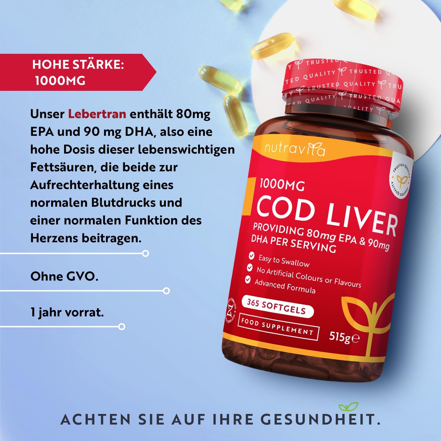 Lebertran Kapseln 1000mg - 365 Fischöl Kapseln - Hochwertiges Fish Oil - Hochdosiert Cod Liver Oil + Omega 3, Vitaminen A, D & E - Unterstützt die Herz- und Gehirngesundheit - Nutravita