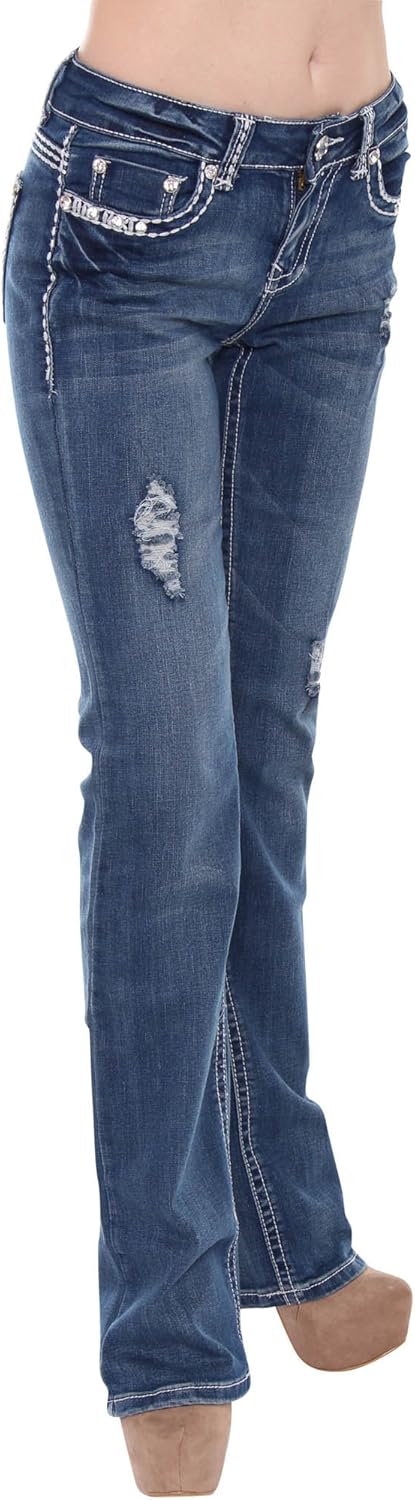 Women's Ripped Bootcut Jeans Mid Rise Flare Bottoms Vintage Distress with Rhinestone Pockets S96-PB - Image 2