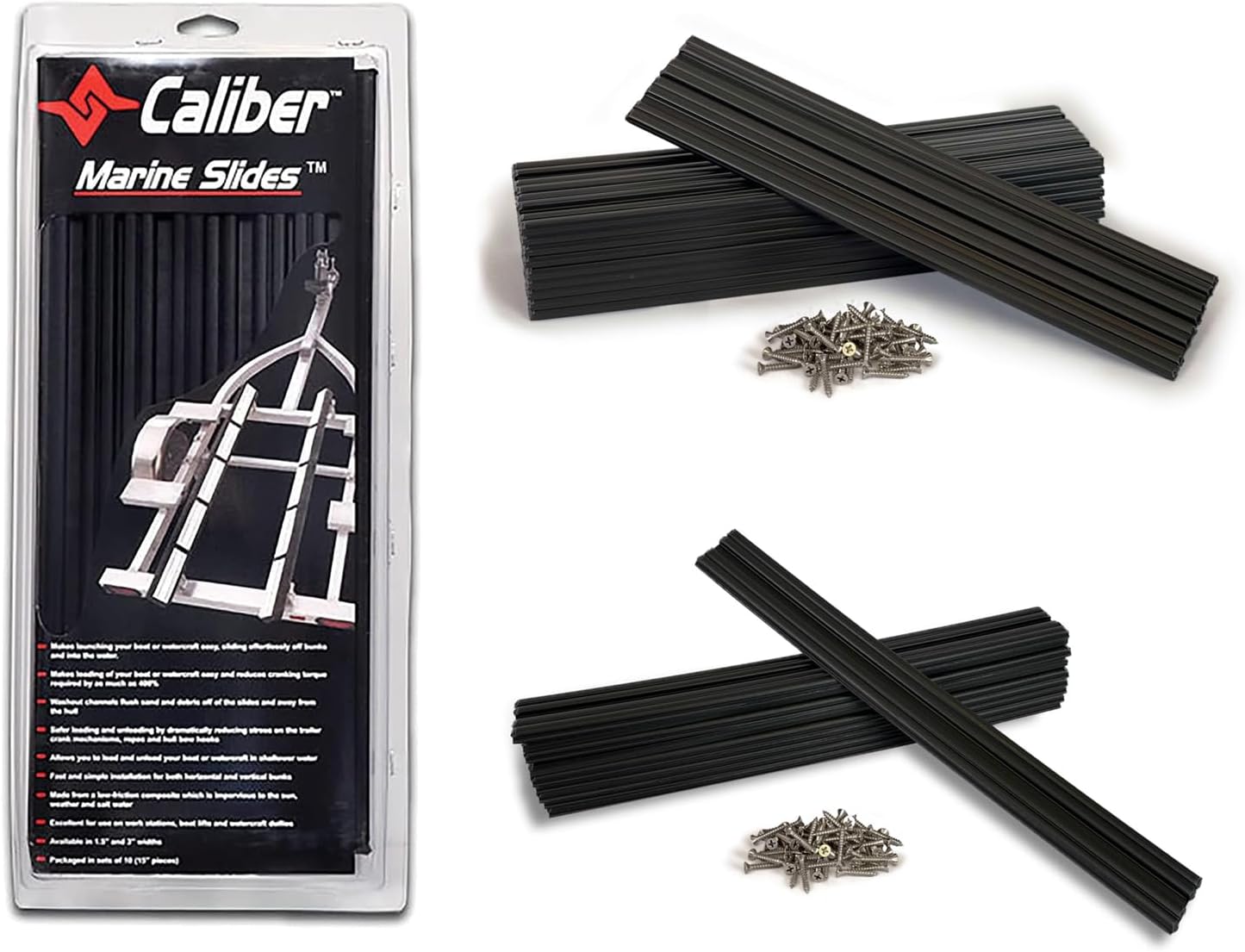 Caliber Marine Slides Bundle Includes (10) 3x15” and (10) 1.5x15” Marine Trailer Bunk Slides in Black