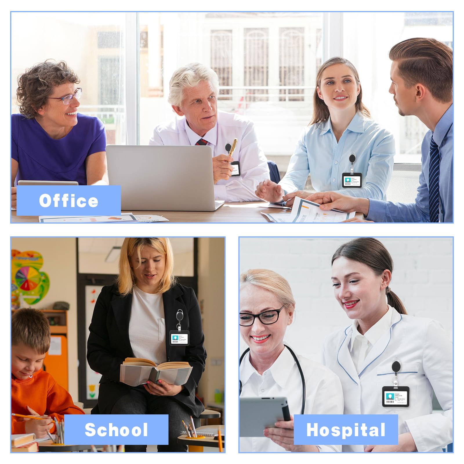 Lot de 50 porte-badges rétractables robustes avec mousqueton – Extension de porte-clés, pour employés de bureau, médecins, infirmiers, employés