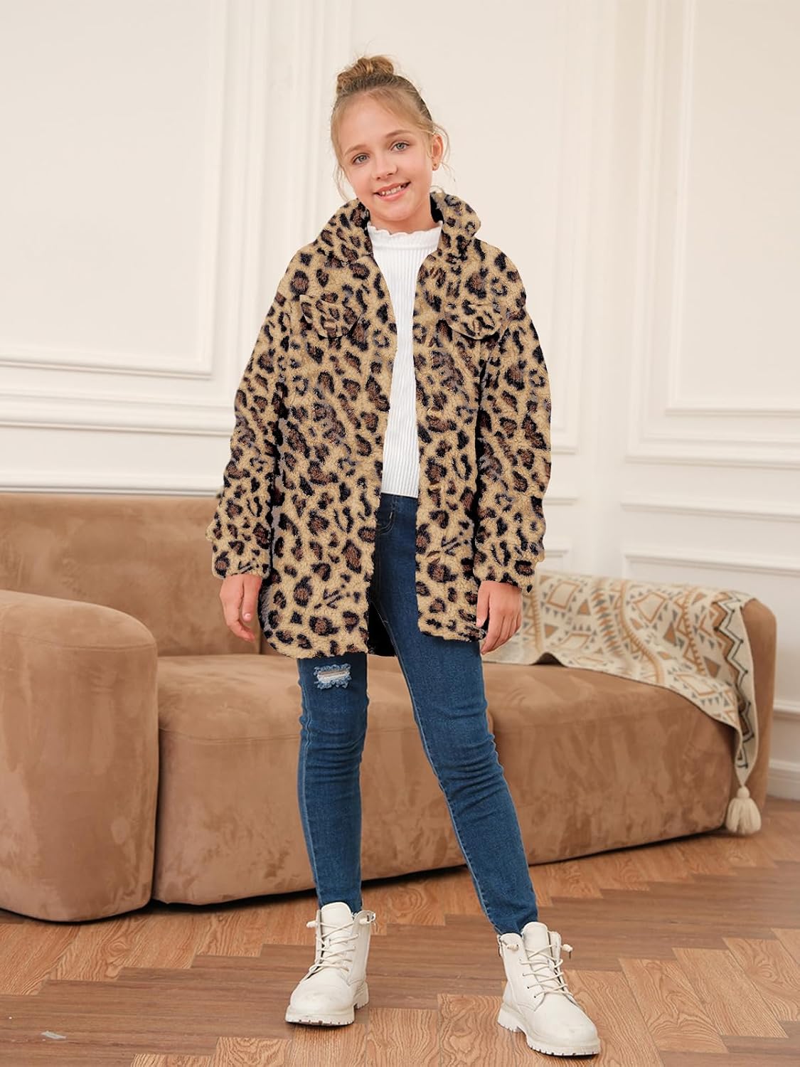 Haloumoning Girls Fuzzy Fleece Jacket Casual Button Down Sherpa Overcoat Faux Fur Jackets Outwear 4-15 Years
