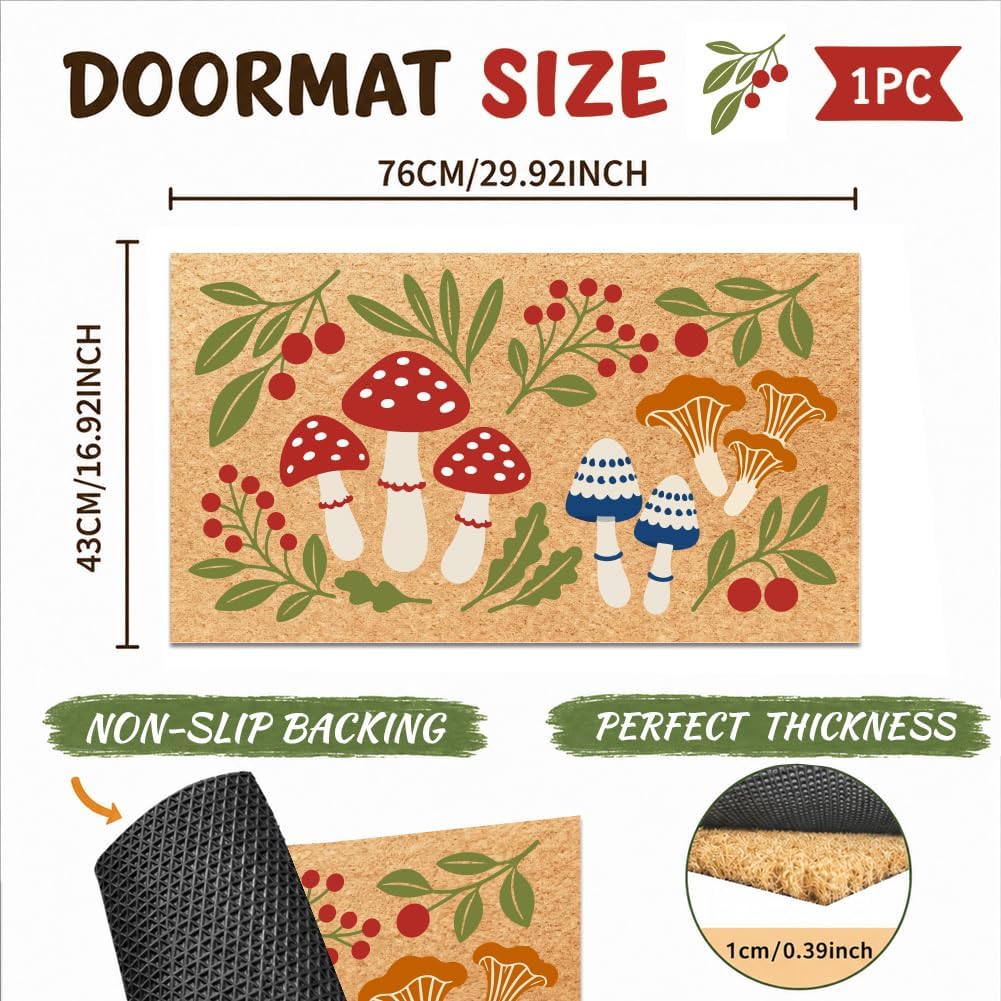 Cute Mushroom Doormat, 17x30 Inch Fall Autumn Door Mat PP Fiber Welcome Mat Rectangle Heavy-Duty Entry Rug Indoor Outdoor Entrance Floor Rug for Home Patio Garage