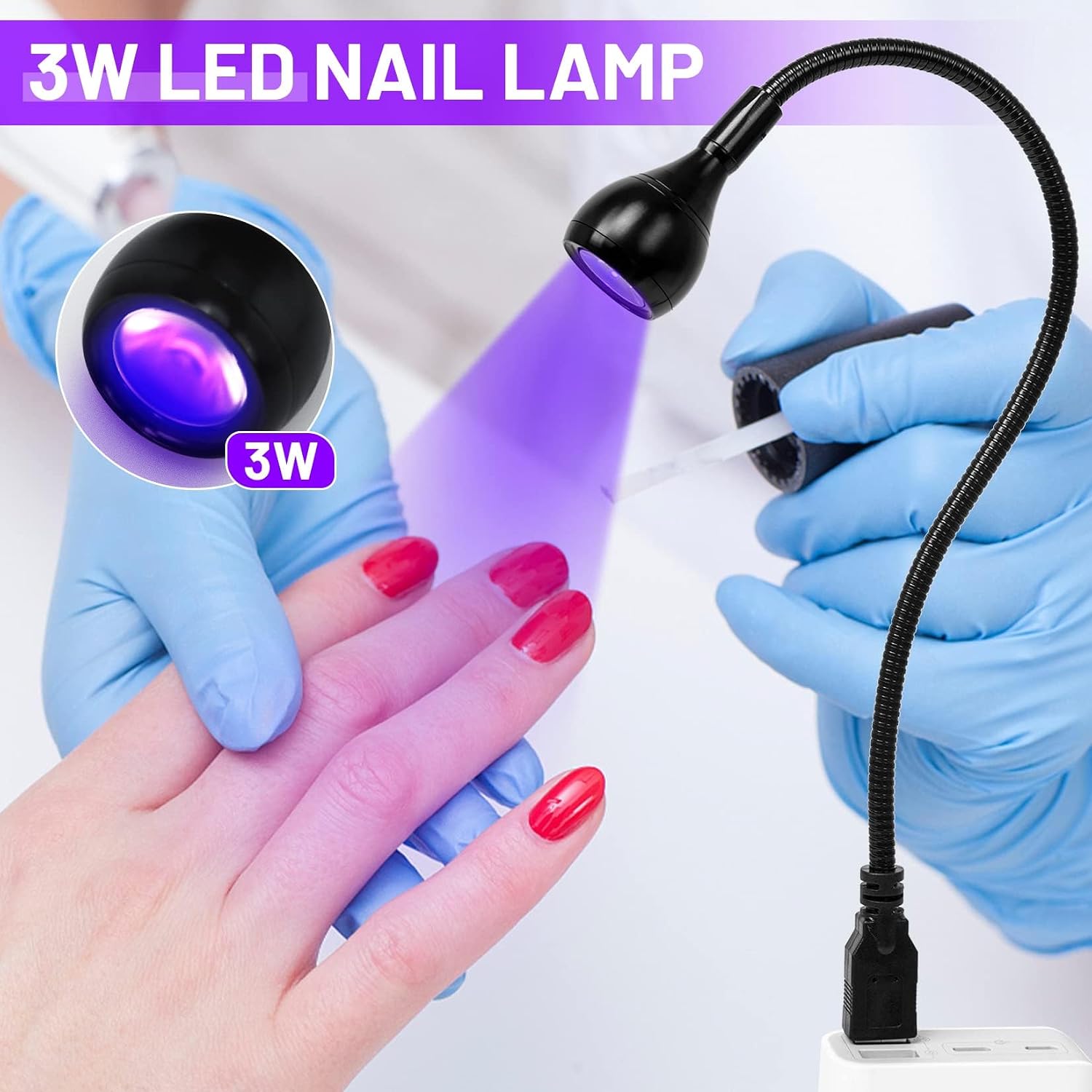 AORAEM LED Nail Lamp 3W LED Nail Portable Manicure Dryer Gel Polish Curing Light with Black Gooseneck for Gel Nails Tips USB Plug Play Nails Salon and Home DIY,Black