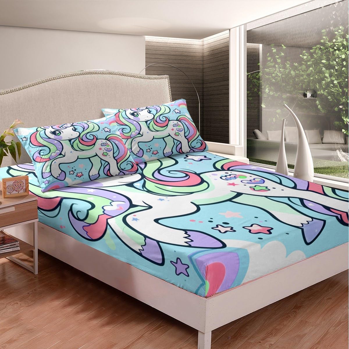 Dreamy Animals Full Size Fitted Sheet No Top Sheet,Fairy Tale Theme Starry Sky 3 Pieces Kids Teenager Room Decor Kids Unicorn Pocket 2 Pillowcases