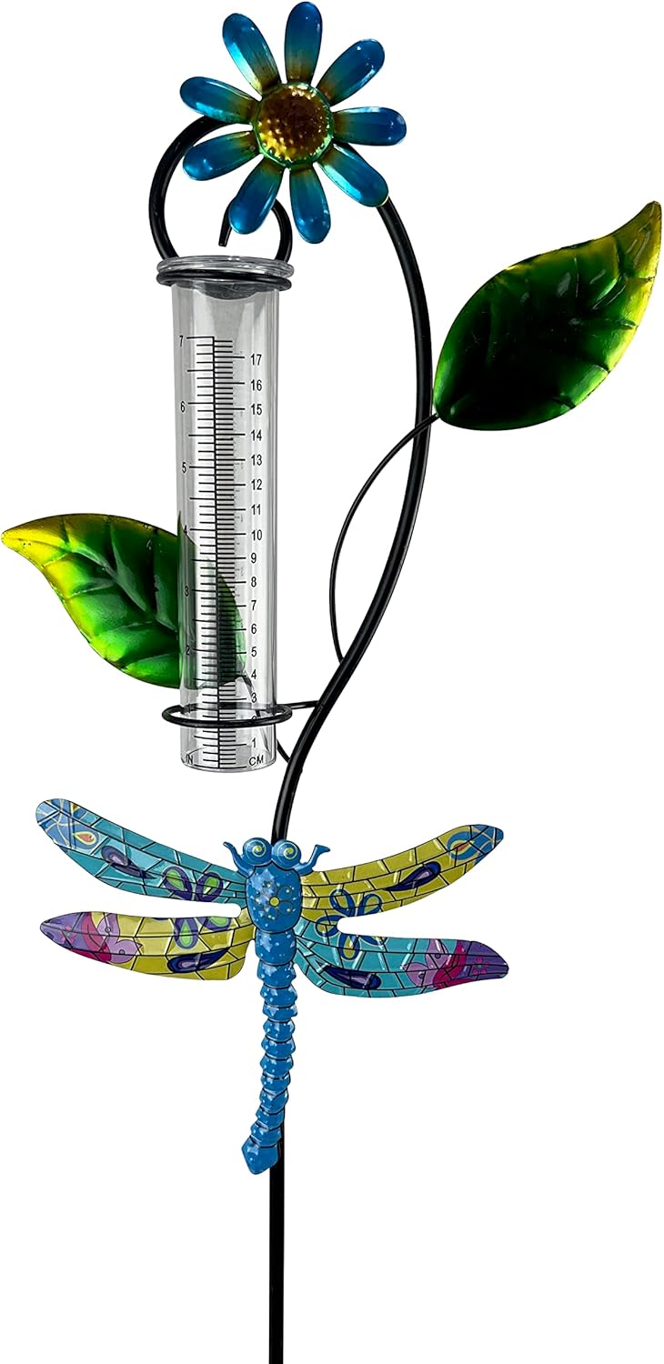 Red Carpet Studios Rain Gauge for Lawn or Garden with Glass Tube and Metal Garden Stake, 36", Dragonfly and Flower