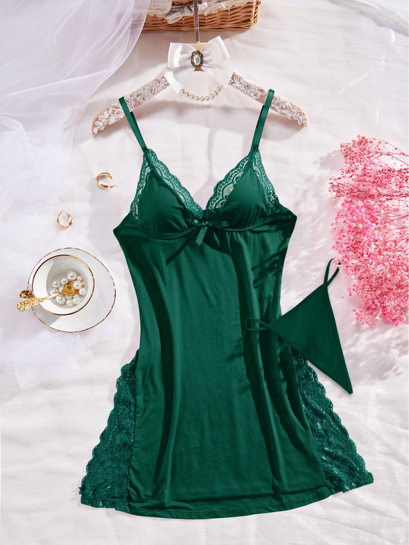 Foxiny Sexy Split Side Floral Lace Trim Full Slip Night Gown Babydoll Lingerie Dress with Thong 2 piece: Medium Dark Green