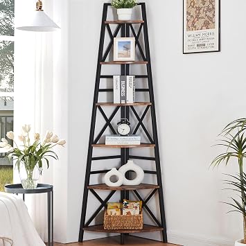 HOMBAZAAR 6 Tier Corner Shelf,74 Inch Tall Corner Bookshelf,Rustic Brown | Sturdy Corner shelf Standing,Industrial design,Easy assembly,Suitable for living room,Office,Corner Space