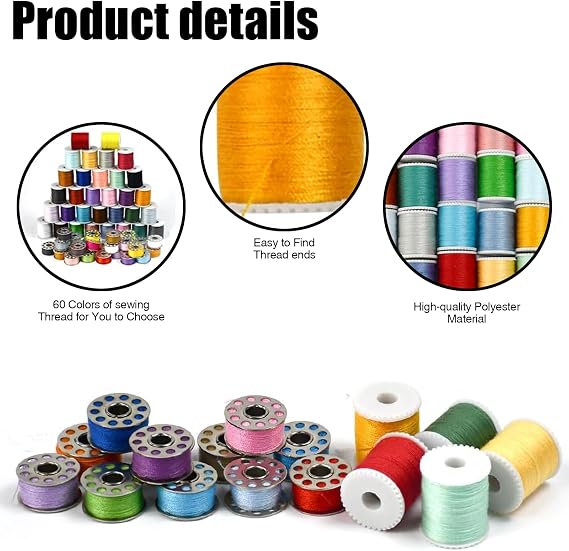 60 Color Sewing Thread Set, Sewing Machine Threads with Bobbins Needles Spool Polyester Thread Kit Colorful DIY Embroidery Threads Assortment