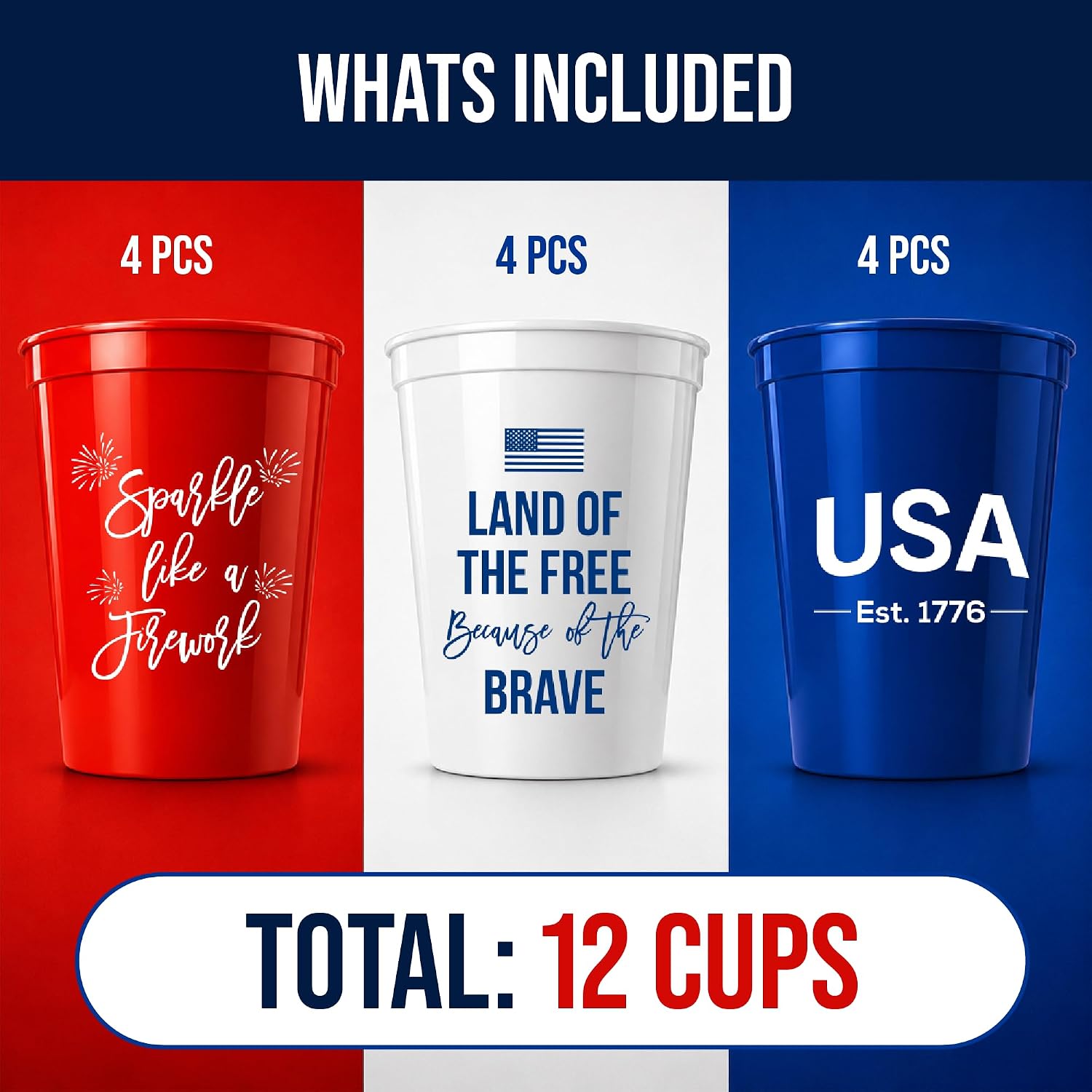 4th of July Cups Set of 12, 16 oz Patriotic Reusable Plastic Cups, Red White and Blue Party Cup, American Flag Cup, America 250 Decorations for July 4th BBQ and Independence Day Parties