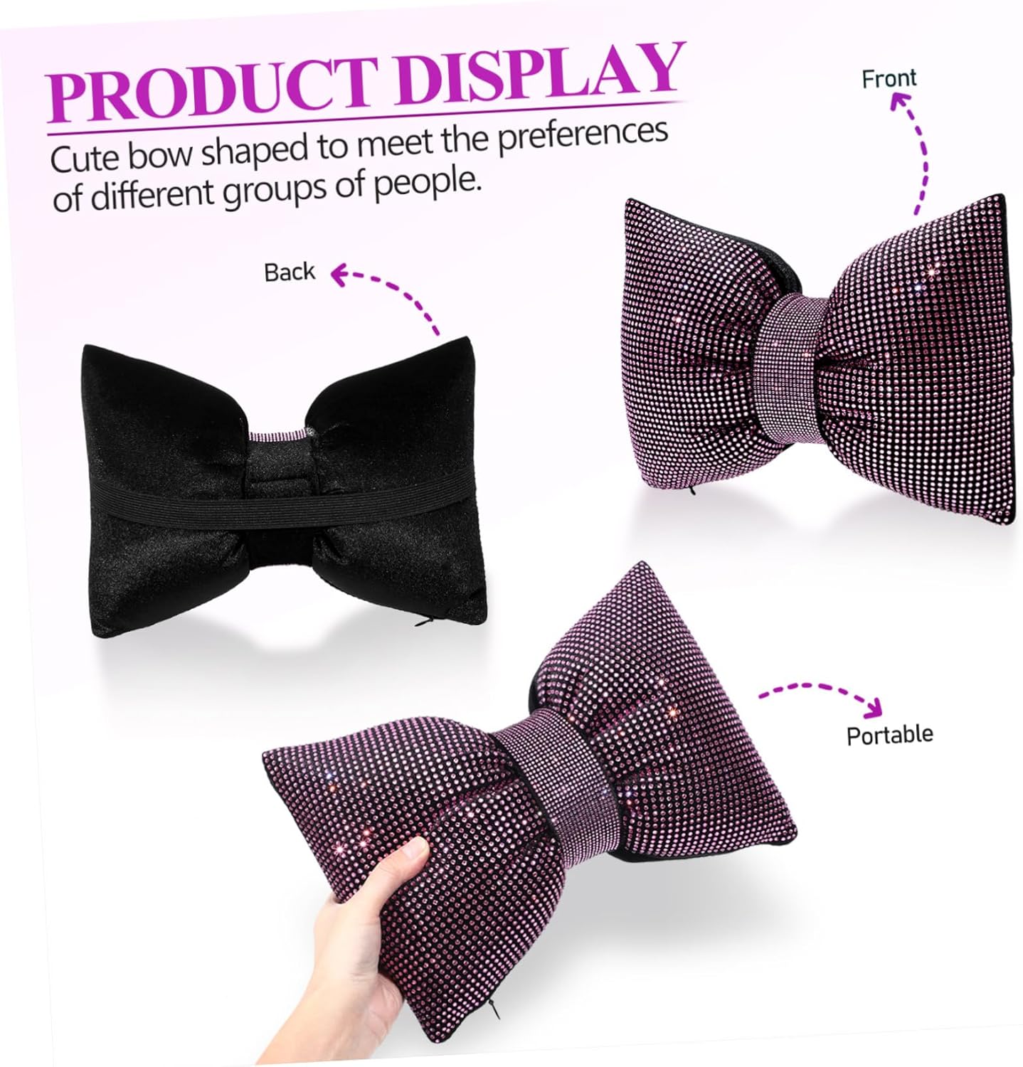 2pcs Bling Bow Car Headrest Pillow Glitter Neck Support for Driving Removable Fit for Cars Trucks Suvs Cute Interior Decoration