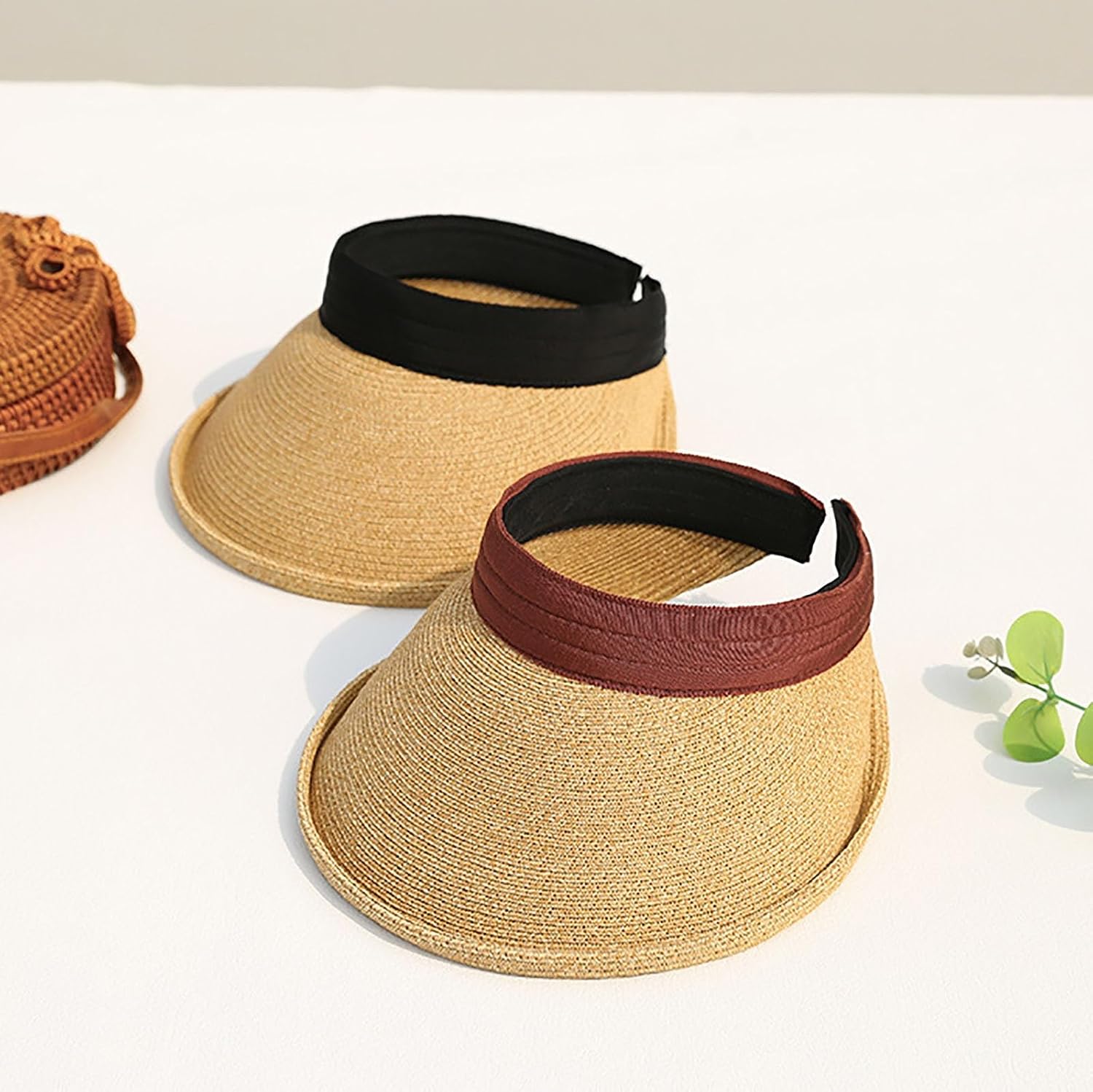 Womens Sun Visor Hat Cloth Covered Visor for Women Straw Sun Visors for Women Beach Hat Sun Hat(A)