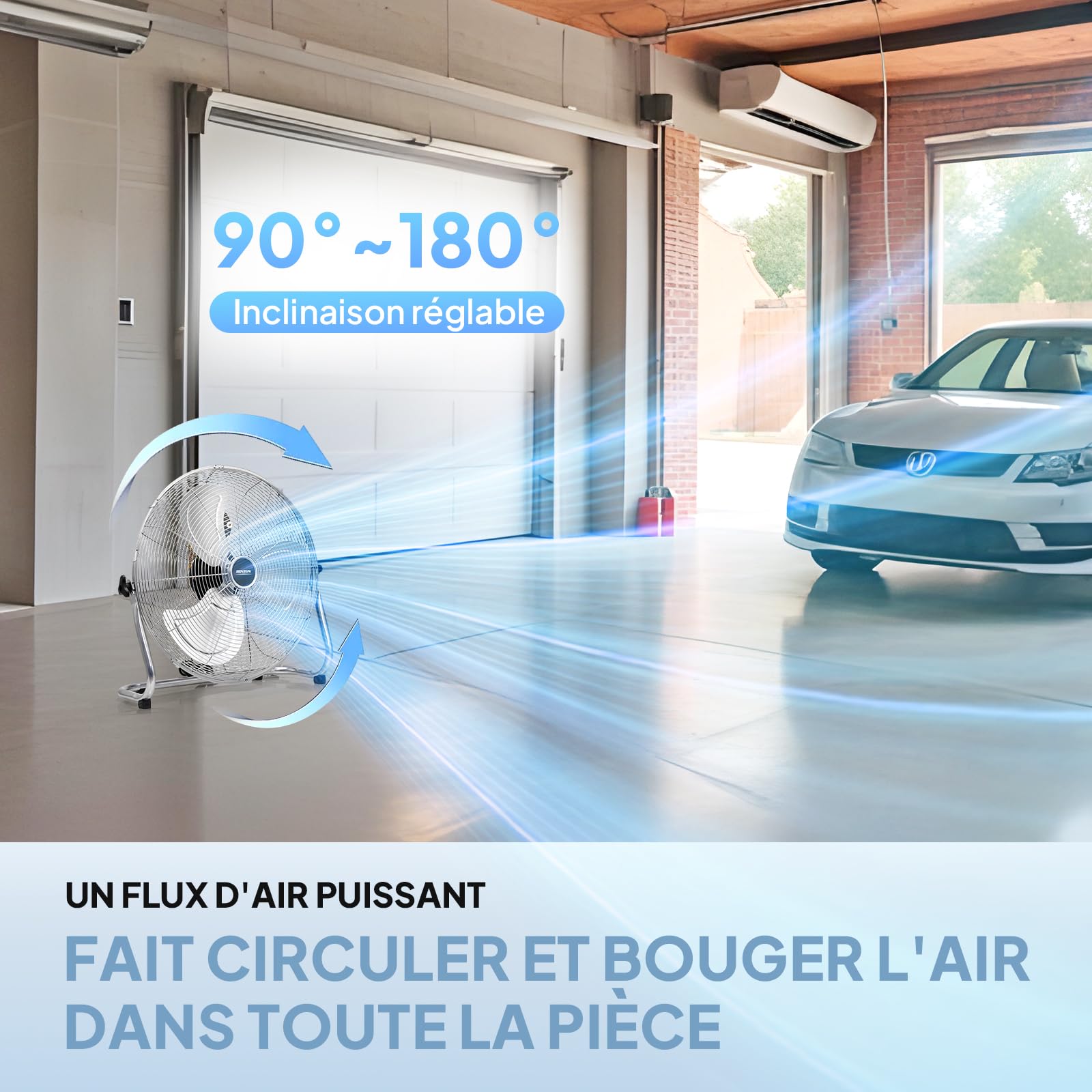 ROVSUN Ventilateur de Sol 30cm, 60W, Ventilateur Industriel en Métal Robuste, 3 Vitesses, Grille Amovible, Poignée Transport, 90-180° Réglable, pour Salon, Garage, Sous-sol, Atelier, Argenté