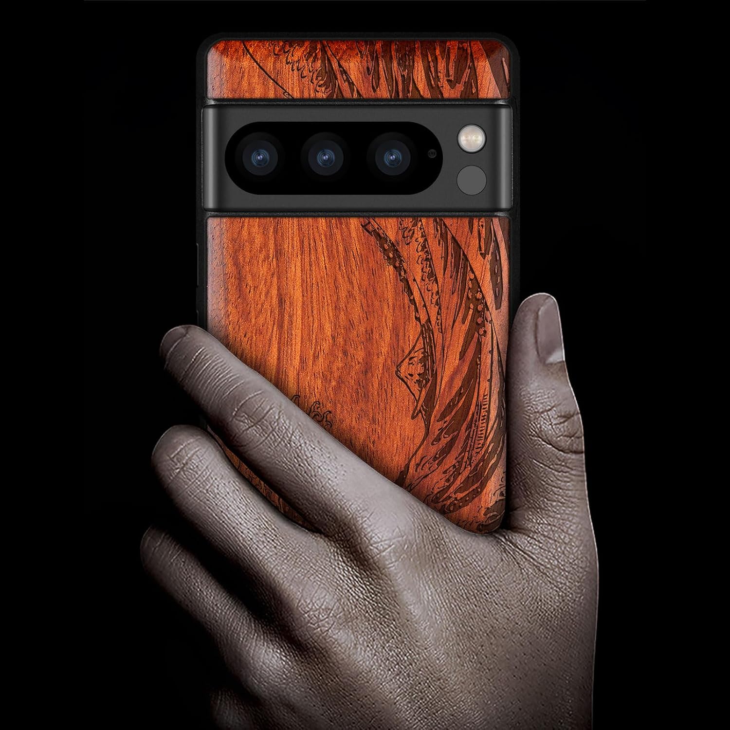 Carveit Wood Case for Pixel 8 Pro Case [Natural Wood & Black Soft TPU] Shockproof Protective Unique Wooden Cover Compatible with Google Pixel 8 Pro (Sea Wave-Rosy)