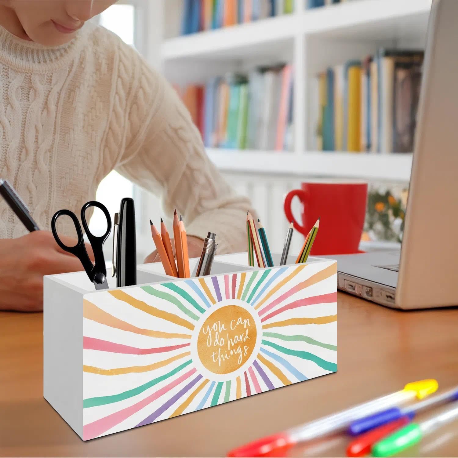 Boho Colorful Sunshine Pen Pencil Holder Organizer for Desk Accessories, Boho Classroom Decor, You Can Do Hand Things Inspirational Wooden Box Signs Decorations for Kids Room Desk Tabletop - Image 4
