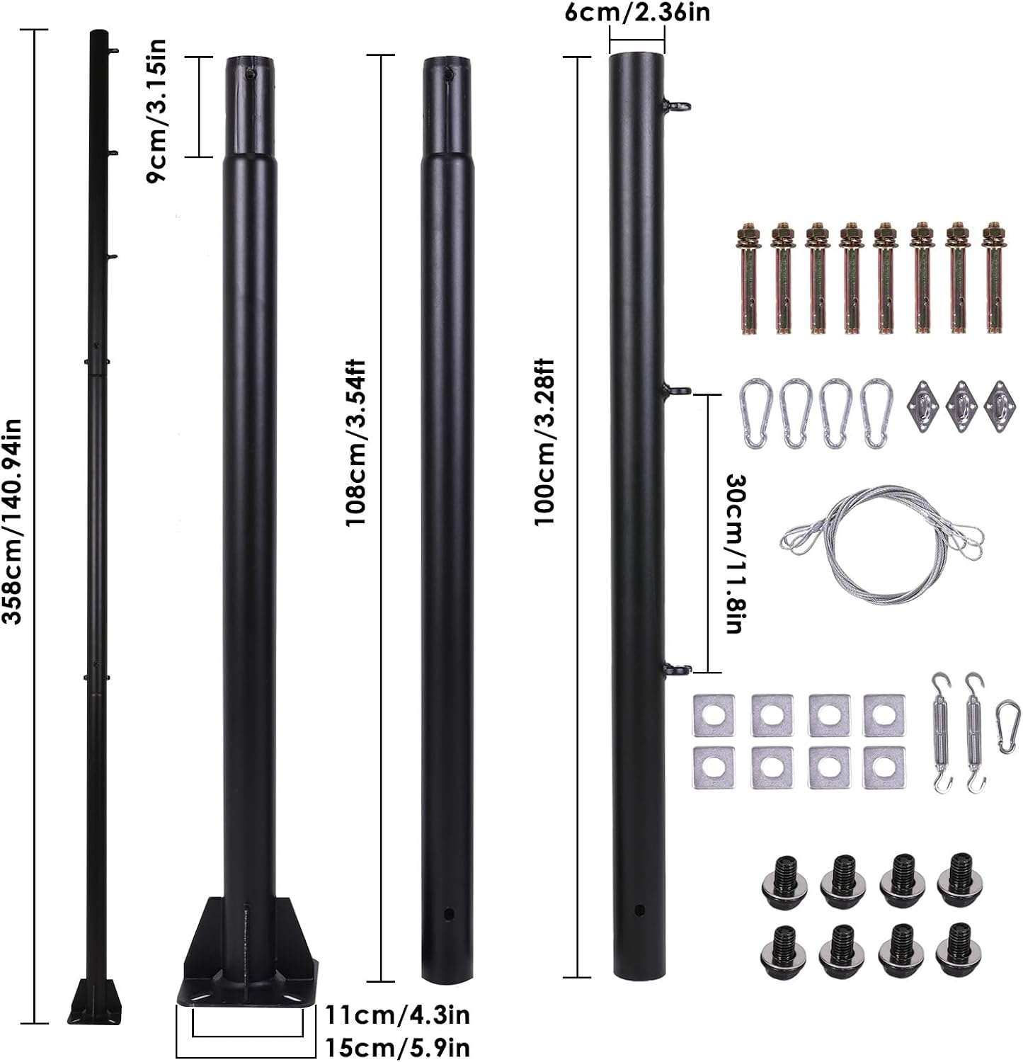 2 Pack Shade Sail Poles, 10 FT Outdoor Sun Shade Poles for Deck, 2.4" Diameter Steel Heavy Duty Shade Pole Kit for Outdoor Shade in Ground and Backyards, Patio, Deck, Black Three Ring Sun Shade Pole