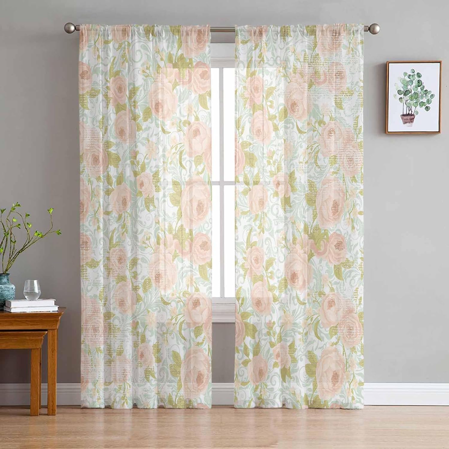 Pink Green Floral Sheer Curtains for Living Room Bedroom, Vintage Rose Flower Sheer Curtains 84 Inch Long 2 Panels Set Shabby Chic Light Filtering Curtain Window Treatments Drapes for Dining Room