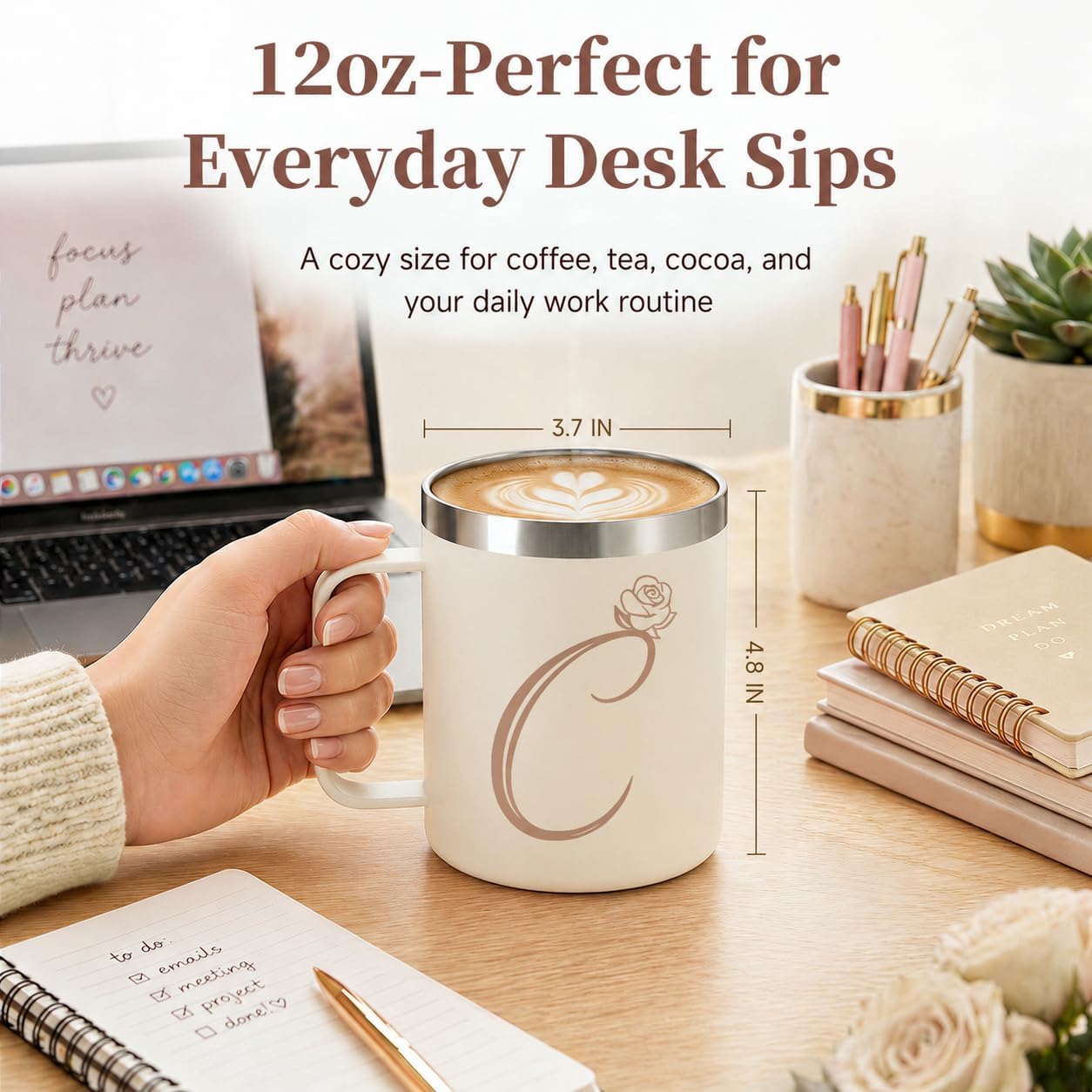 12oz Insulated Coffee Mug with Handle and Lid, Stainless Steel Spill Proof Travel Mugs, Personalized Monogrammed A-Z Floral Double Wall Tumbler for Home Office, Gifts for Women Mom Wife Her (C) image 3