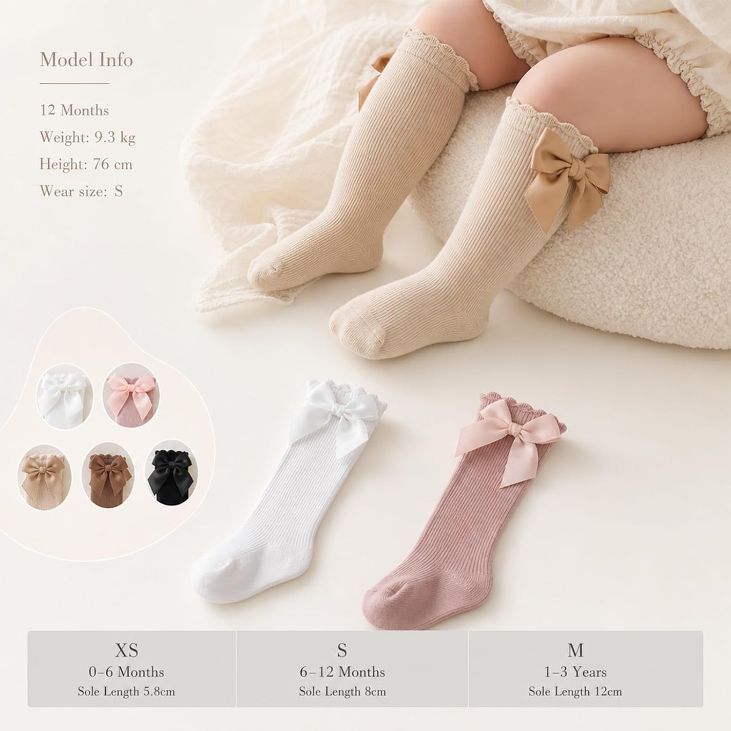 Baby Girl Knee High Socks with Bows Soft Cotton Ruffle Long Stockings Smooth Sole Infant Toddler Uniform