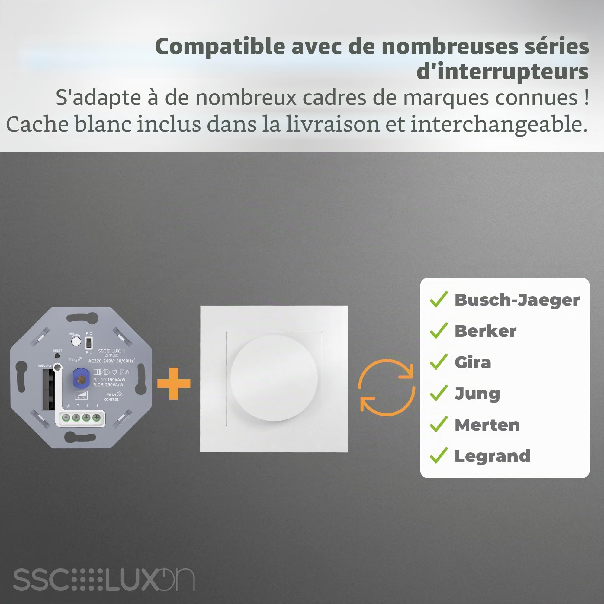 SSC-LUXon Zenalux Smart WiFi Variateur d'intensité rotatif LED avec couvercle – Variateur universel encastré compatible avec Alexa, Google Home et Tuya Smart Life