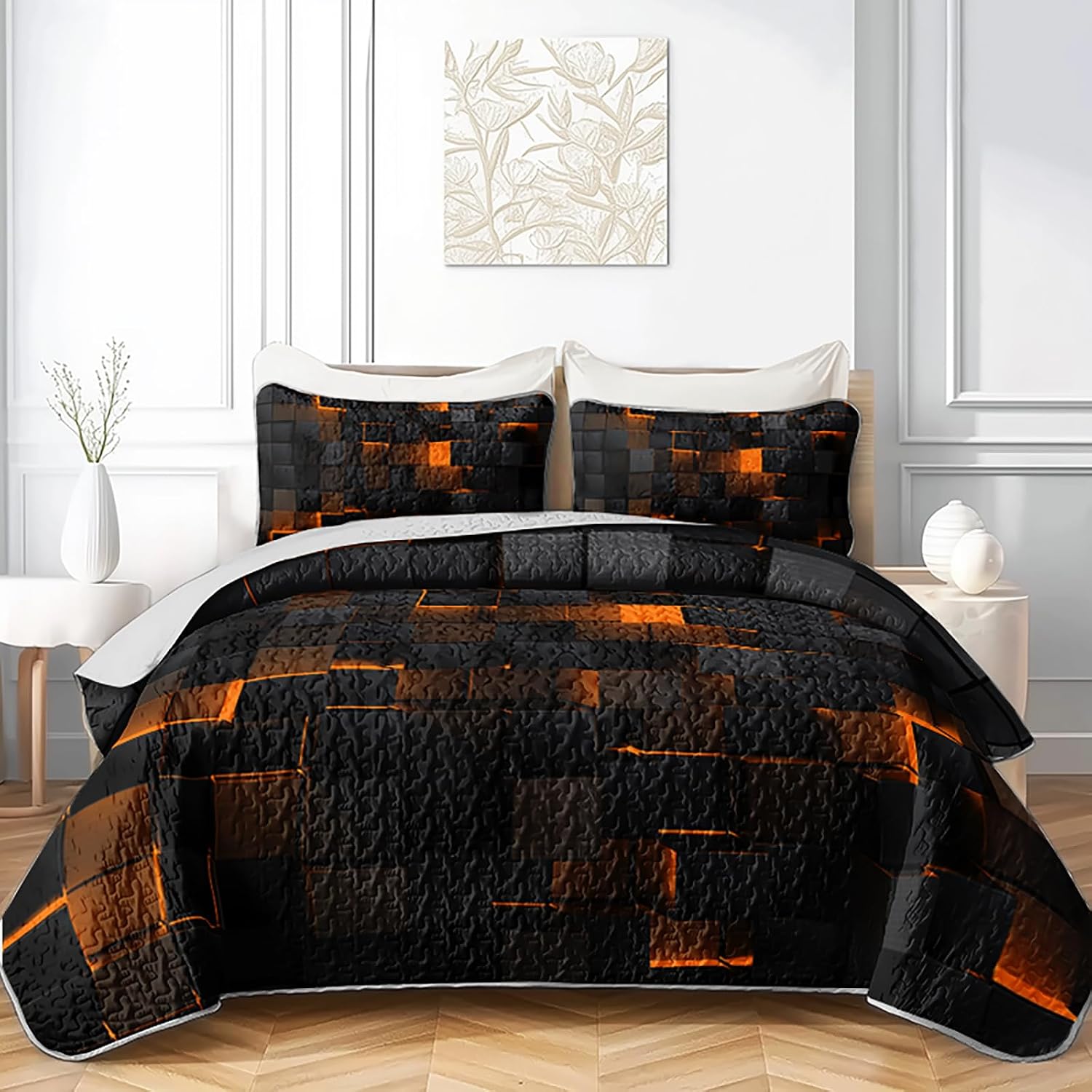 3 Piece Orange Black Geometry Quilt Sets Queen Size,Neon Honeycomb Microfiber Bedding Set,Vibrant Bright Soft Lightweight Comforter Bedspread Coverlet (90''x96'') With 2 Pillow Case (20"x 30")