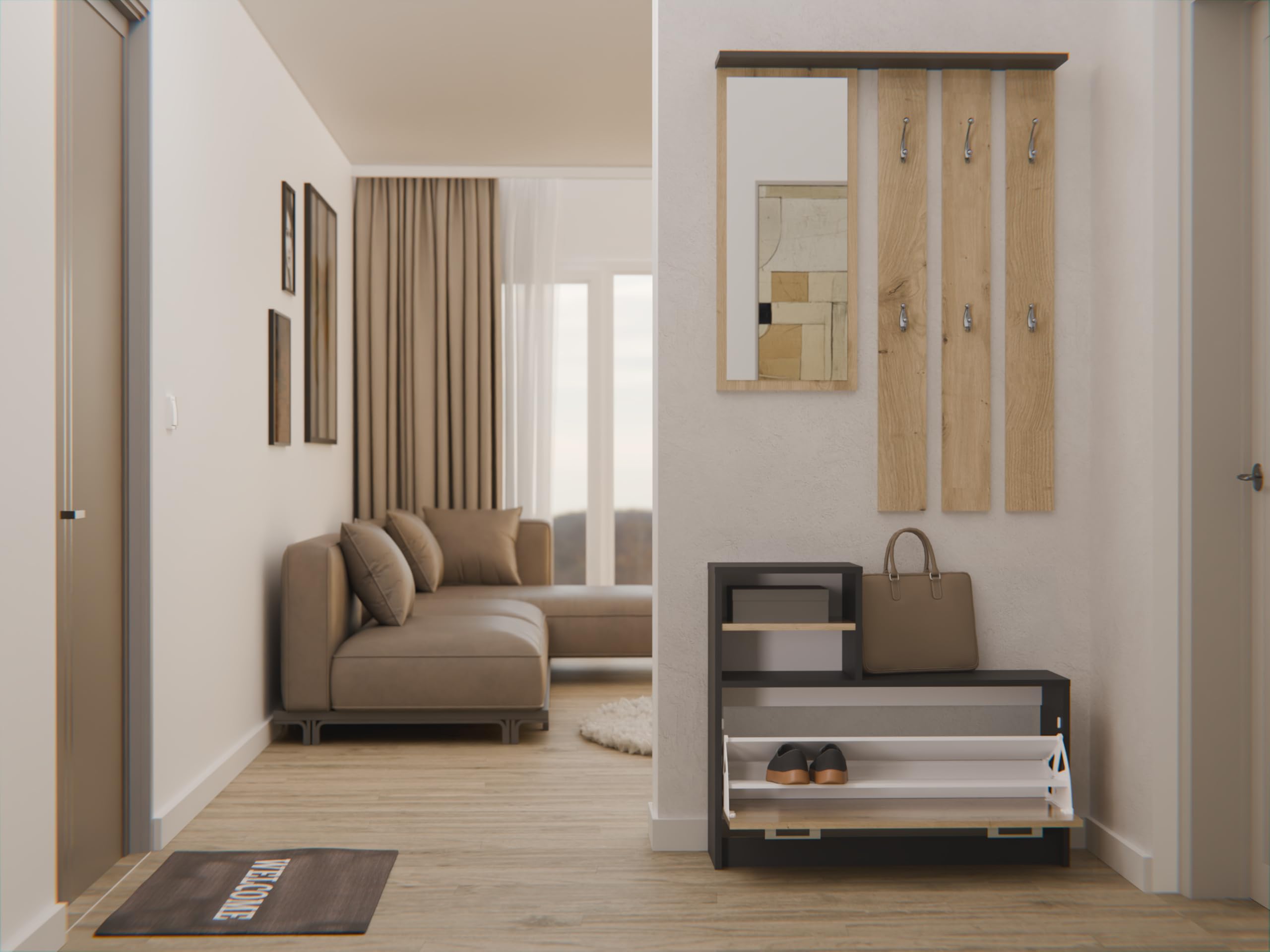 CDF Ensemble Meubles Entrée Complet Vestiaire Miroir Porte-Manteaux Mural 6 Crochets Armoire à Chaussures 9 Paires Rangement Couloir Moderne Compact Placard 85 x 24 x 180 cm Chêne Artisan Anthracite