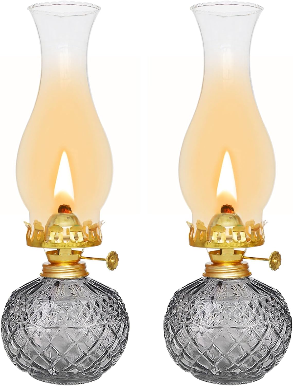 2 Pcs Rustic Large Chamber Oil Lamps, Glass Clear Kerosene Lamps for Indoor Use Home Decorative Hurricane Lamp Oil Lantern 11" Vintage Oil Lamp for Tabletop Decor Lighting 3/8" Wick
