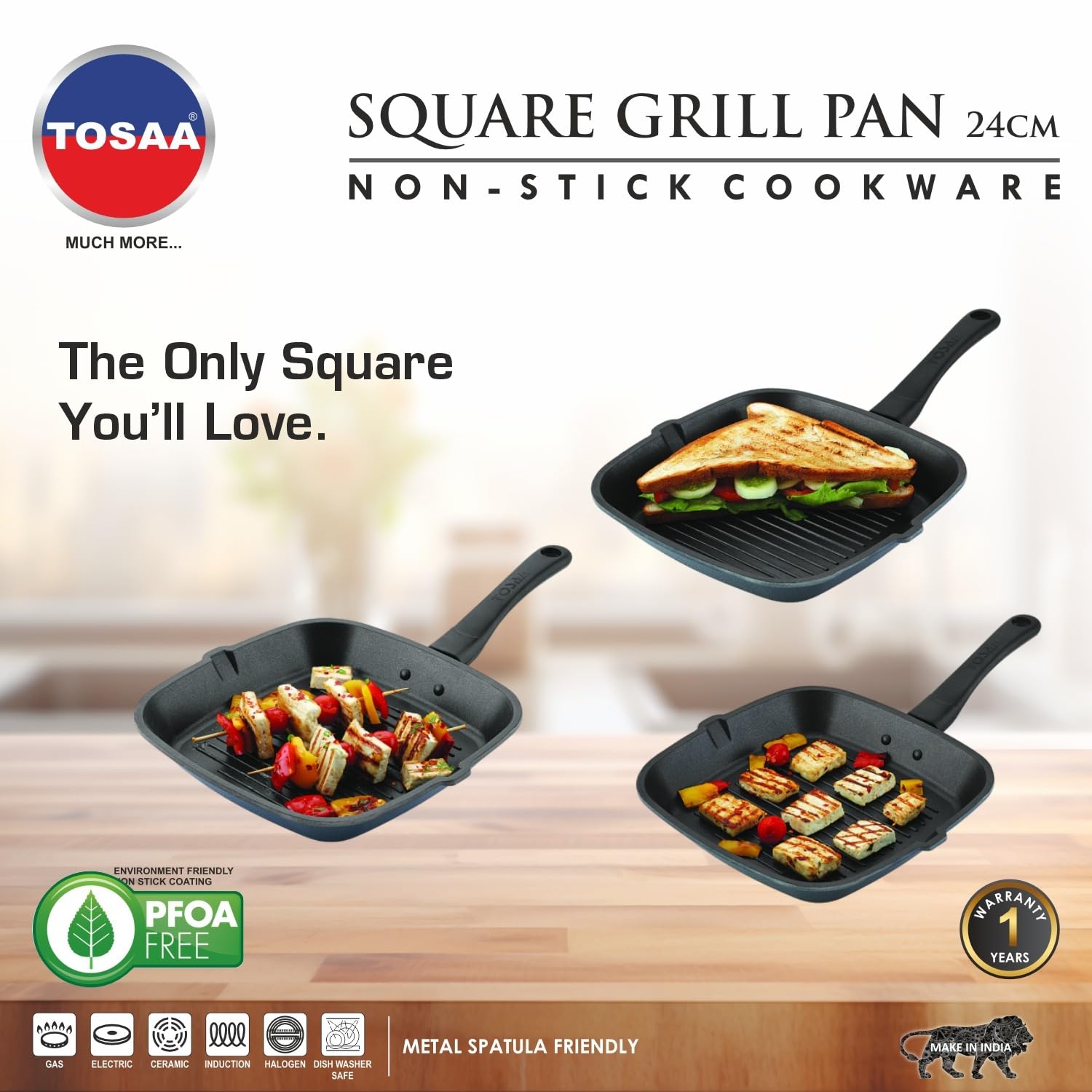 Tosaa Non-Stick Aluminium Gas Compatible Grill Pan, 24 cm, Marble Grey