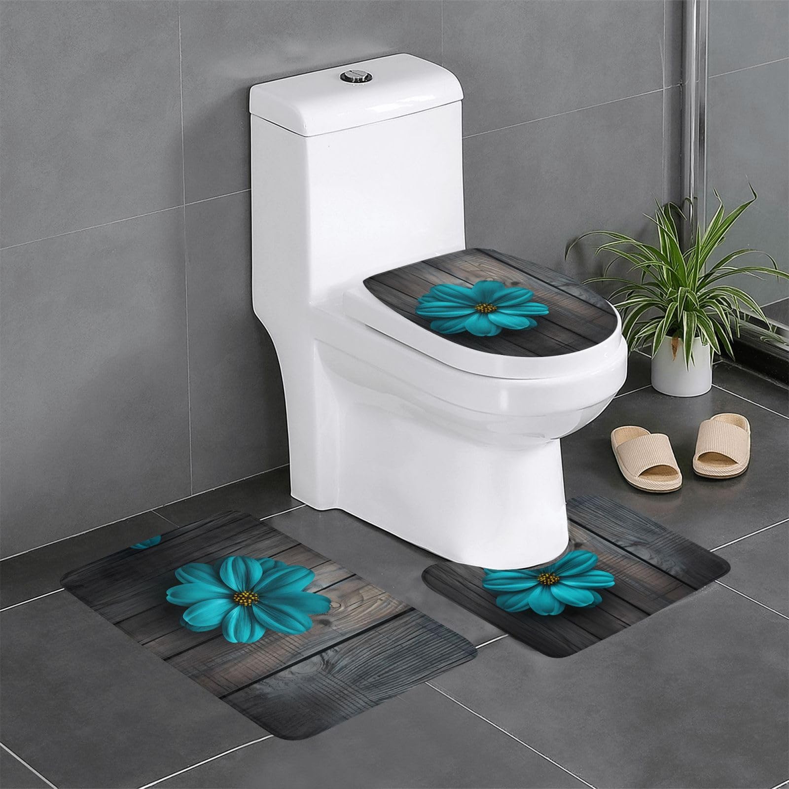 Tapis de salle de bain haut de gamme motif bois fleur sarcelle set de 3