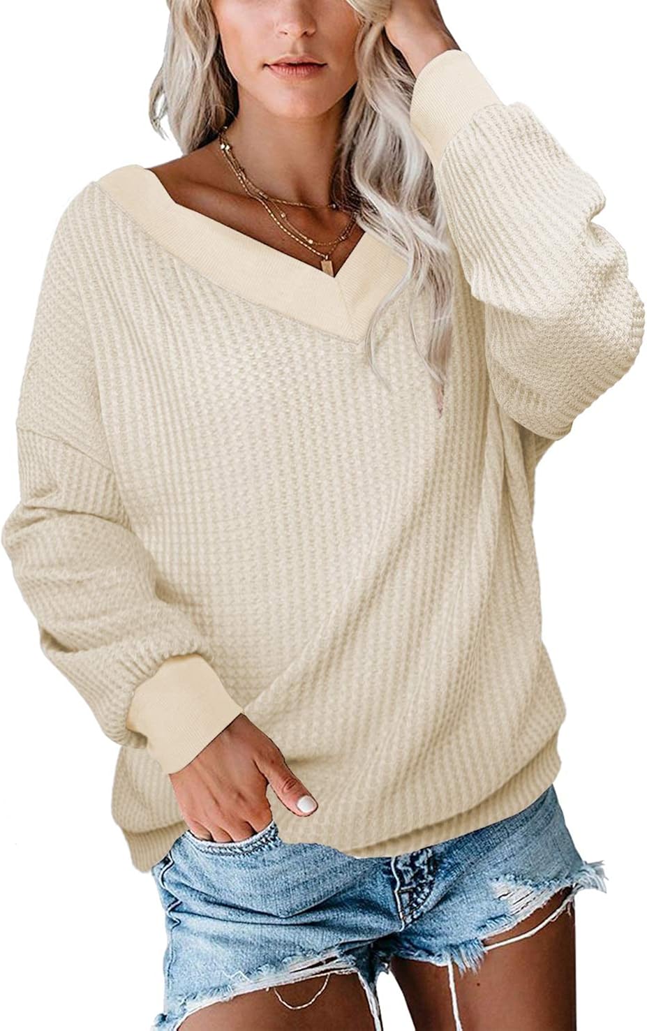 iGENJUN Women's Casual V-Neck Cold Shoulder Batwing Sleeve Pullover Sweater Tops,Apricot,M